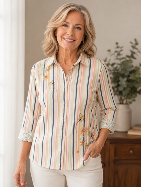 Alfred Dunner Tops - Women's Embroidered Floral Butterfly Stripe Snap Front Blouse 3/4 Sleeve Size 14